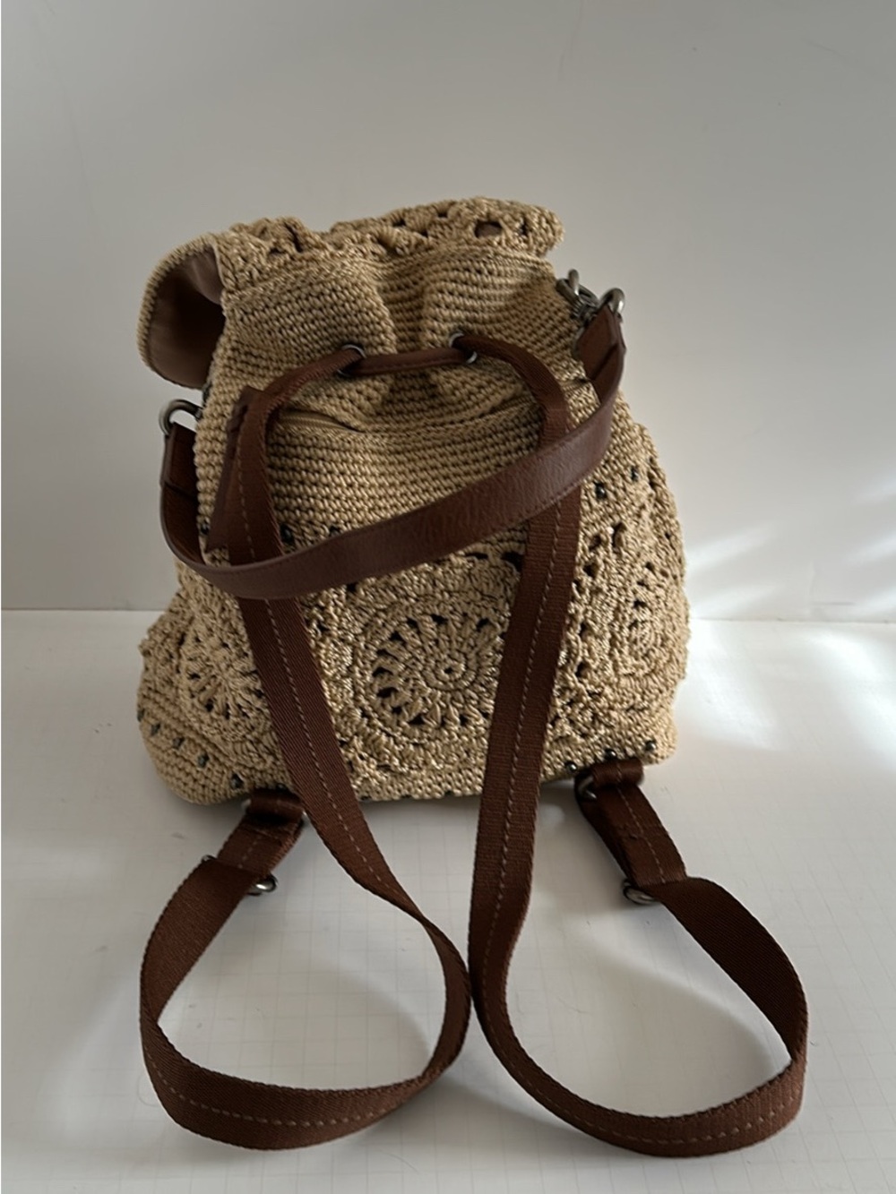 Handcrafted Sak Crochet Backpack - Beige with Brown Trim - Picture 4 of 9